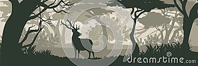 Silhouette. Wild deer reindeer in dense deciduous forest Vector Illustration